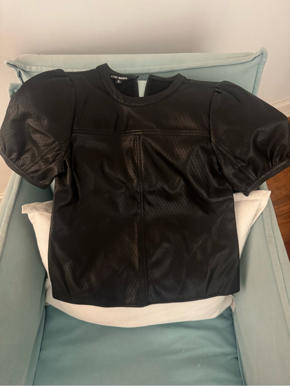 Steve Madden Black Puff Sleeve Faux Leather Top